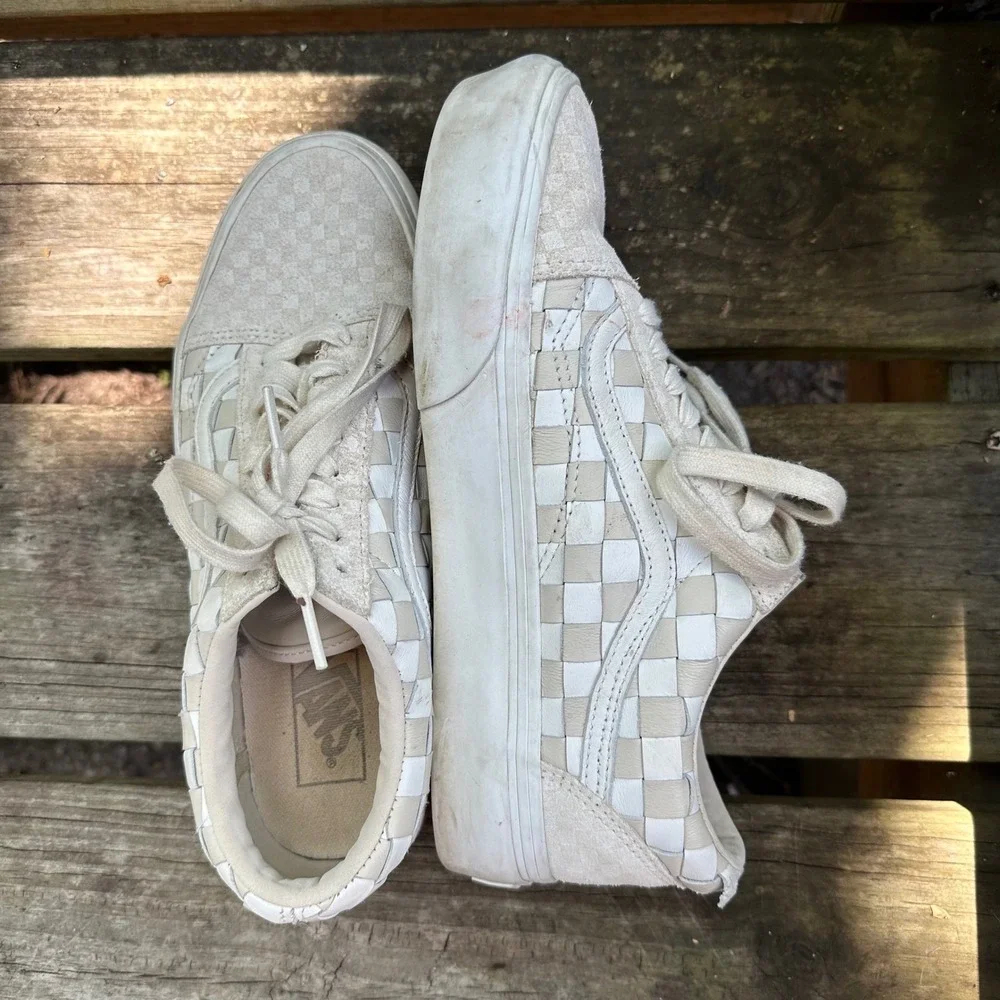 Vans Old Skool Woven Leather Checkerboard Sneakers Beige Men's Sz 8 Women's 9.5 - Picture 9 of 9